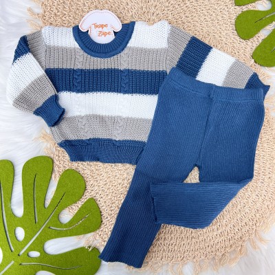 Conjunto Casaco de Linha e Calça Canelada - Azul Jeans Conjunto Casaco de Linha e Calça Canelada - Azul Jeans